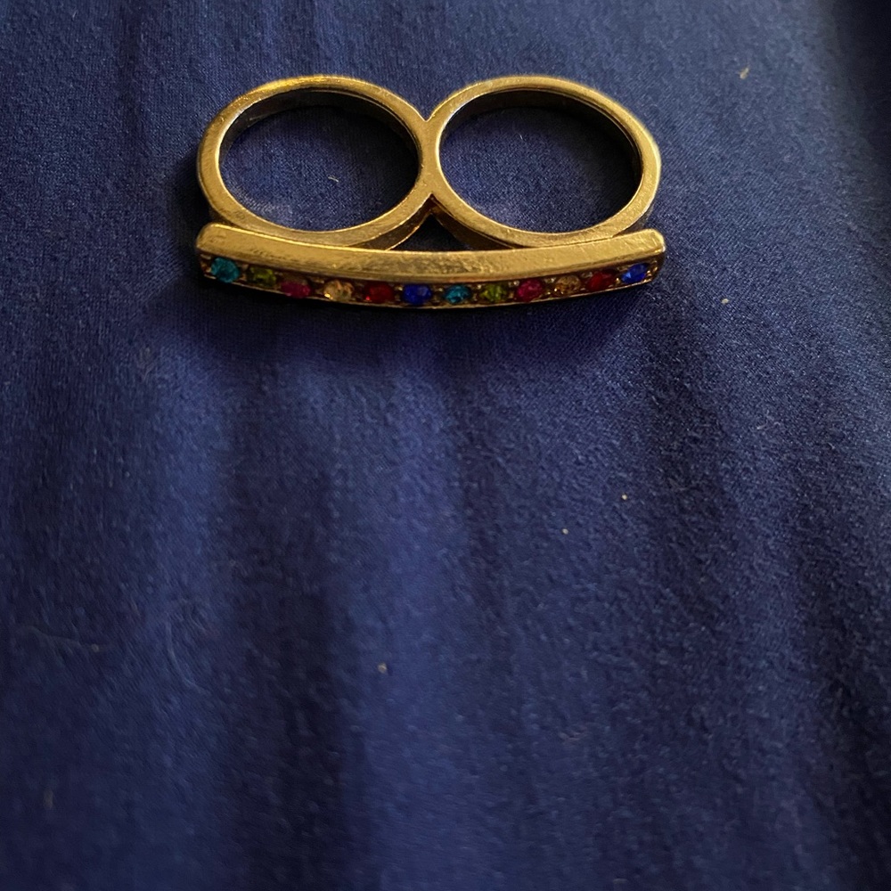 Multi-Colored Rhinestone Bar Two-Finger Ring - Picture 2 of 3